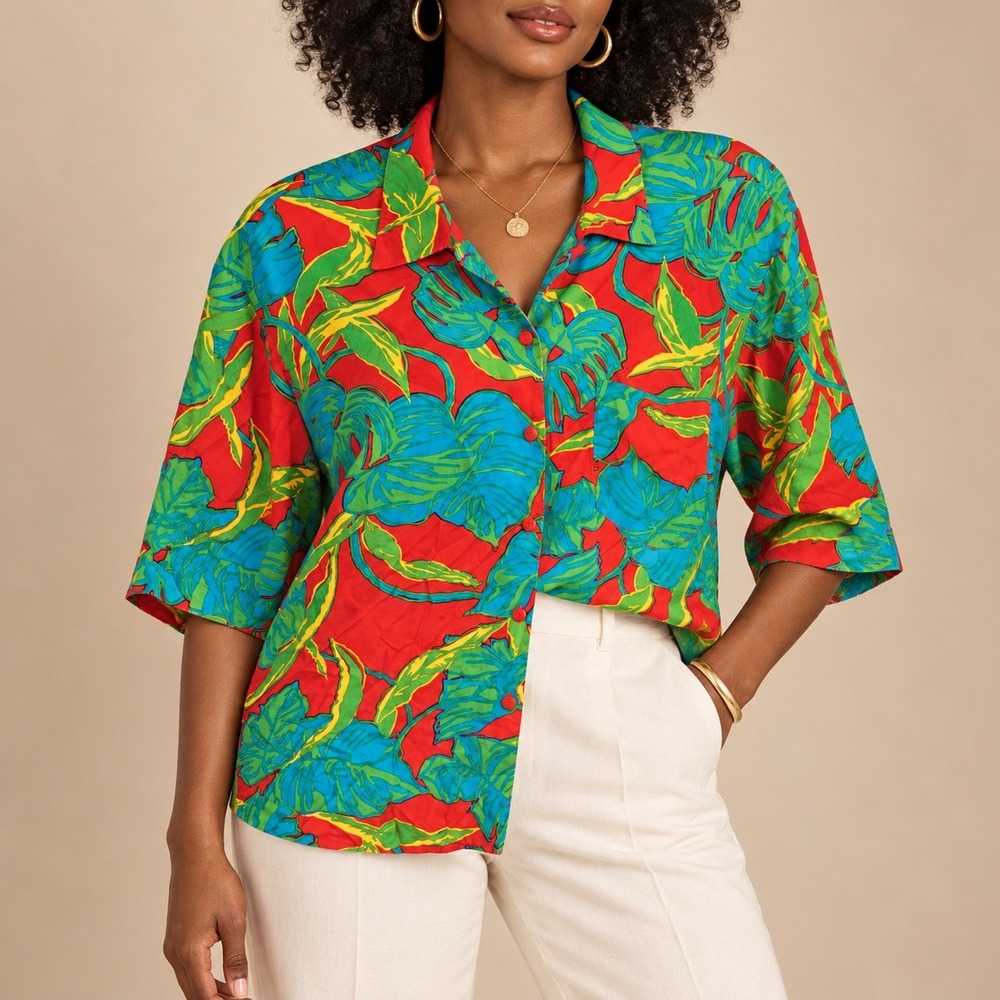 M 223 Vintage Rafaella Red Tropical Leaf Rayon Button Front Hawaiian Blouse